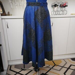 Vtg 1970s JC Penney Blue Gray Gingham Plaid Flared Midi Skirt Small